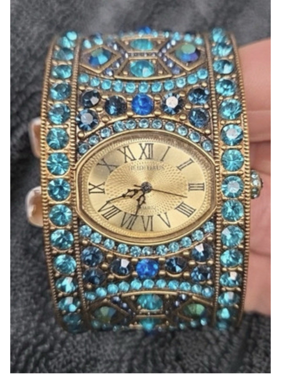 Heidi Daus Accessories - Vintage HEIDI DAUS Cuff Bracelet Watch Signed Blue Rhinestone Quartz GoldTone